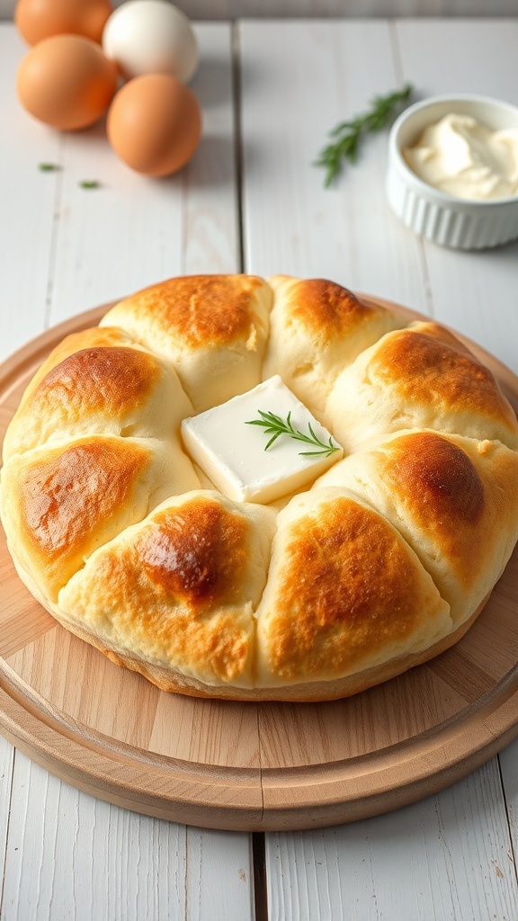 Fluffy cloud bread round on a wooden table, with butter and herbs, showcasing a low-carb bread alternative.